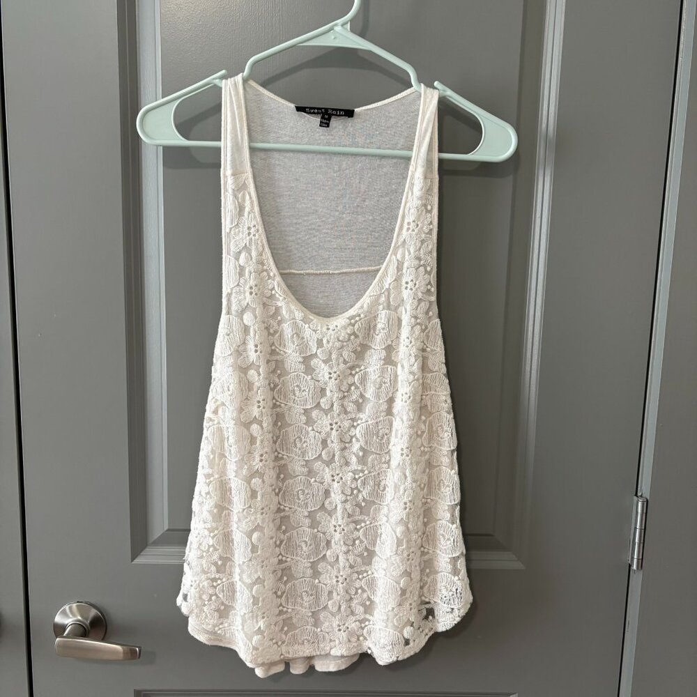 White Tank Top with Embroidered Overlay